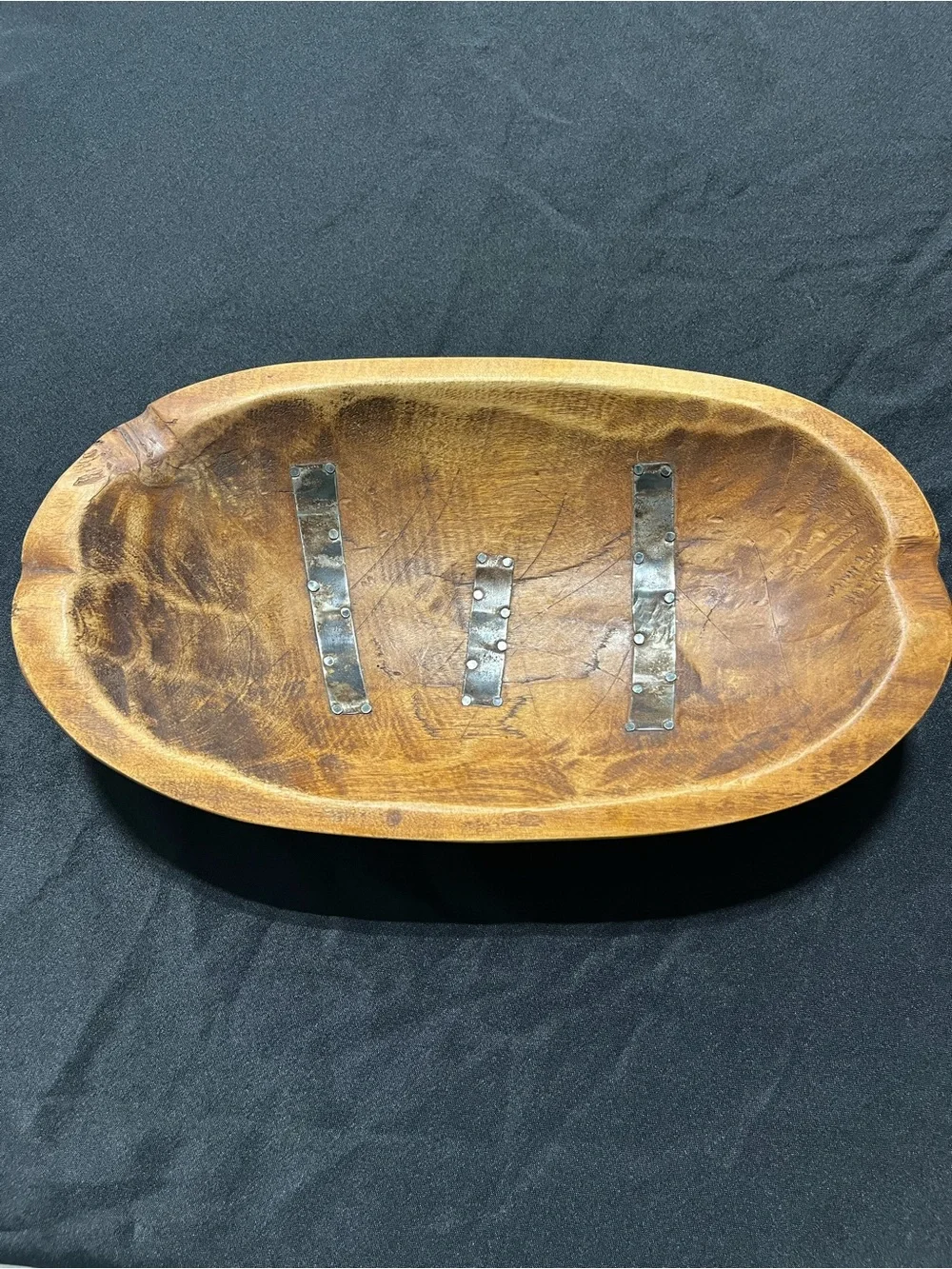 Hard to Find Keith Jones Handcrafted wooden Dough Bowl with metal accents
